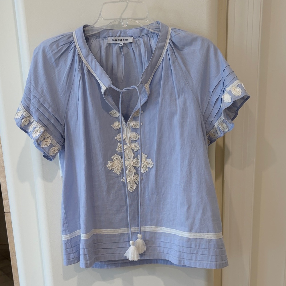 Chic Light Blue Blouse with White Embroidery